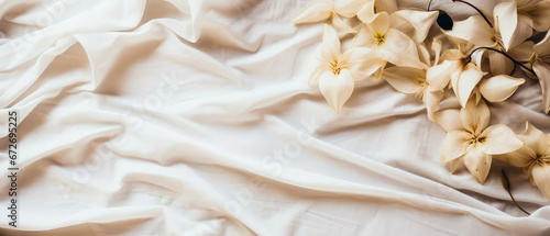 Beige silk bed sheet with flowers, roses petals. Valentines Day.Top view, flat lay. Satin fabric background. Female romantic mockup. Morning relax leisure. Hotels bedroom.Generative ai.