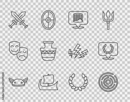 Set line Helmet with wings, Minotaur labyrinth, Ancient column, Greek trireme, Crossed medieval sword, amphorae, Laurel wreath and icon. Vector