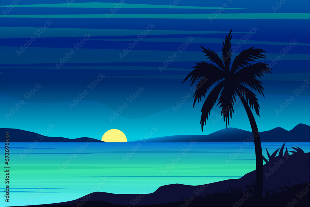 beautiful sunset beach with palm trees vector