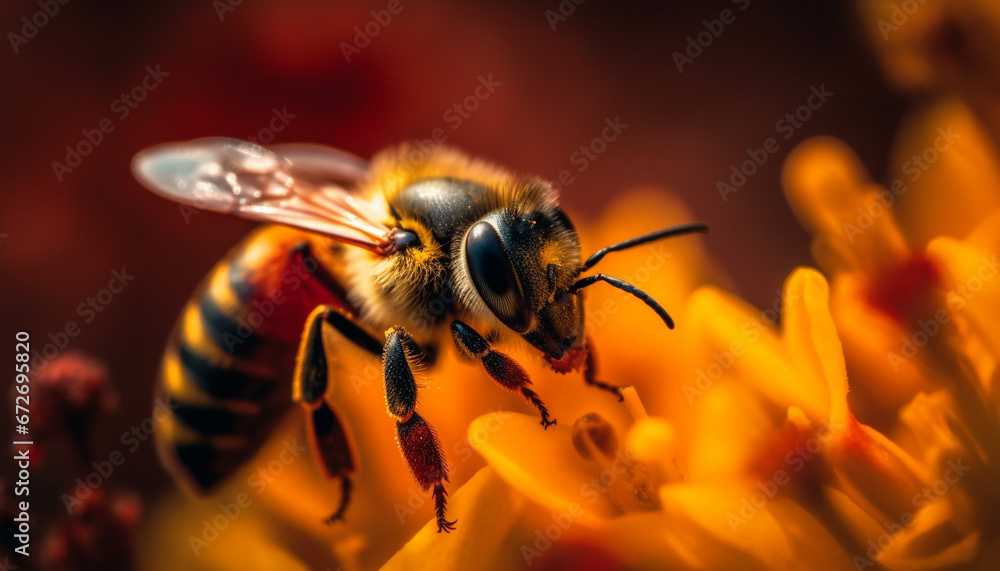 A busy honey bee pollinates a yellow flower in springtime generative AI A busy honey bee pollinates a yellow flower in springtime generative AI