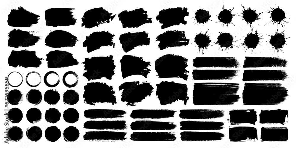 Set of vector black ink paint brush stroke, ink splash, box, frame, grunge texture and social media design elements. Grungy watercolor art, torn paper silhouette and dirty overlay for business banner Set of vector black ink paint brush stroke, ink splash, box, frame, grunge texture and social media design elements. Grungy watercolor art, torn paper silhouette and dirty overlay for business banner
