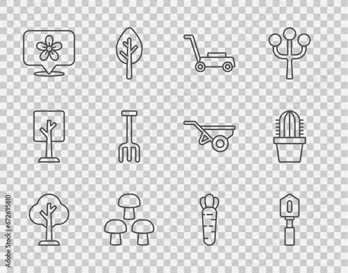 Set line Forest, Shovel, Lawn mower, Mushroom, Location with flower, Garden rake, Carrot and Cactus peyote in pot icon. Vector
