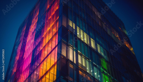 Vibrant city life illuminates modern skyscraper in financial district twilight generated by AI
