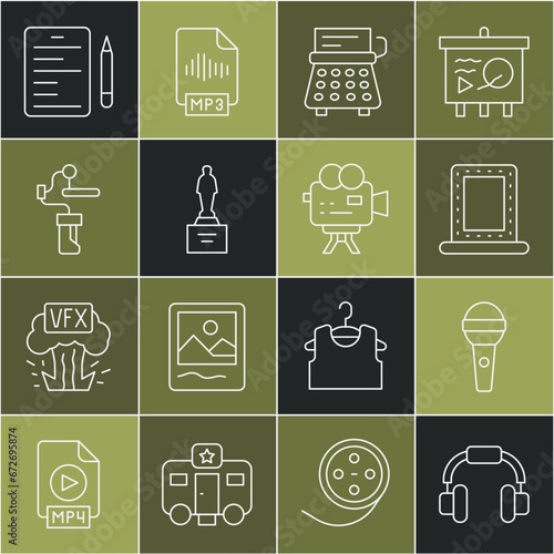 Set line Headphones, Microphone, Makeup mirror with lights, Retro typewriter, Movie trophy, Gimbal stabilizer for camera, Scenario and cinema icon. Vector