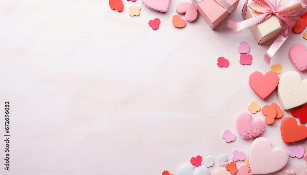 Cute and Colorful Valentine Background with Hearts, Presents, Pretty Flowers, and Abundant Copy Space, Flat Lay, Valentine's Day