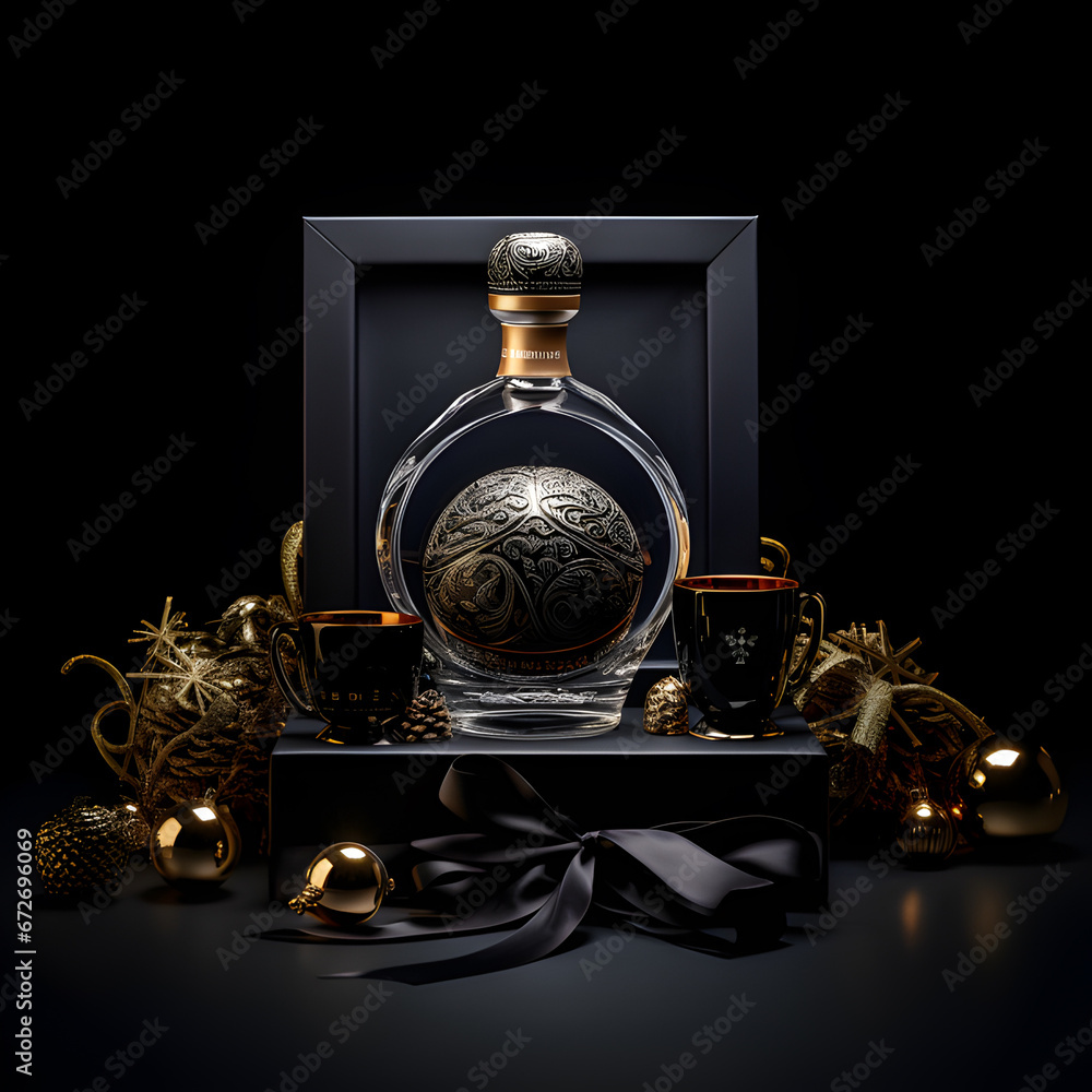 Christmas drinks, product photography, sleek black background.