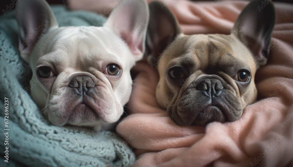 A pampered French bulldog and English bulldog pair sleeping together generated by AI A pampered French bulldog and English bulldog pair sleeping together generated by AI