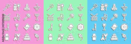 Set line Kite, Soccer football ball, Rake toy, Rocket ship, Roller skate, Drum with drum sticks, Magic wand and Rattle baby icon. Vector