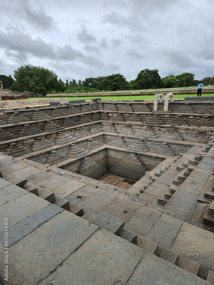 Hampi, Karnataka India - July 23 2023: Pushkarini or water reservoir in the premises of Royal Palace.