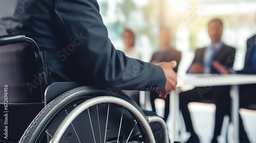 Disabled businessman in a wheelchair at work in office, having meeting with colleague. Inclusion concept of working.