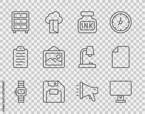 Set line Wrist watch, Computer monitor, Inkwell, Floppy disk, Archive papers drawer, Picture landscape, Megaphone and File document icon. Vector