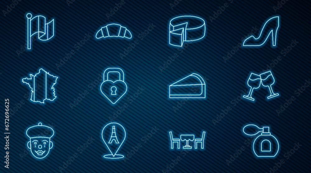 Set line Perfume, Wine glass, Cheese, Castle the shape of heart, Map France, Flag, Cherry cheesecake slice and Croissant icon. Vector Set line Perfume, Wine glass, Cheese, Castle the shape of heart, Map France, Flag, Cherry cheesecake slice and Croissant icon. Vector