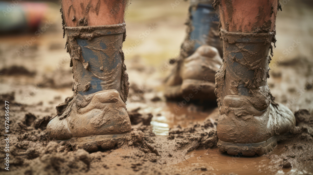 Dirty shoes playing in the mud, full of clay and mud on the child's shoes Dirty shoes playing in the mud, full of clay and mud on the child's shoes