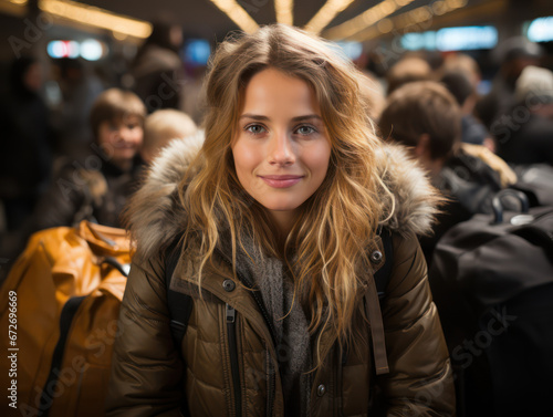 Teenage smiling female traveler with backpack sitting in airport or train station waiting room © Kedek Creative