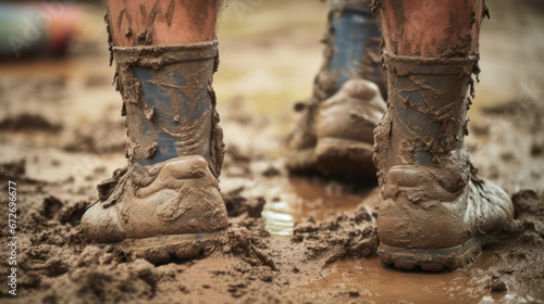 Dirty shoes playing in the mud, full of clay and mud on the child's shoes photo