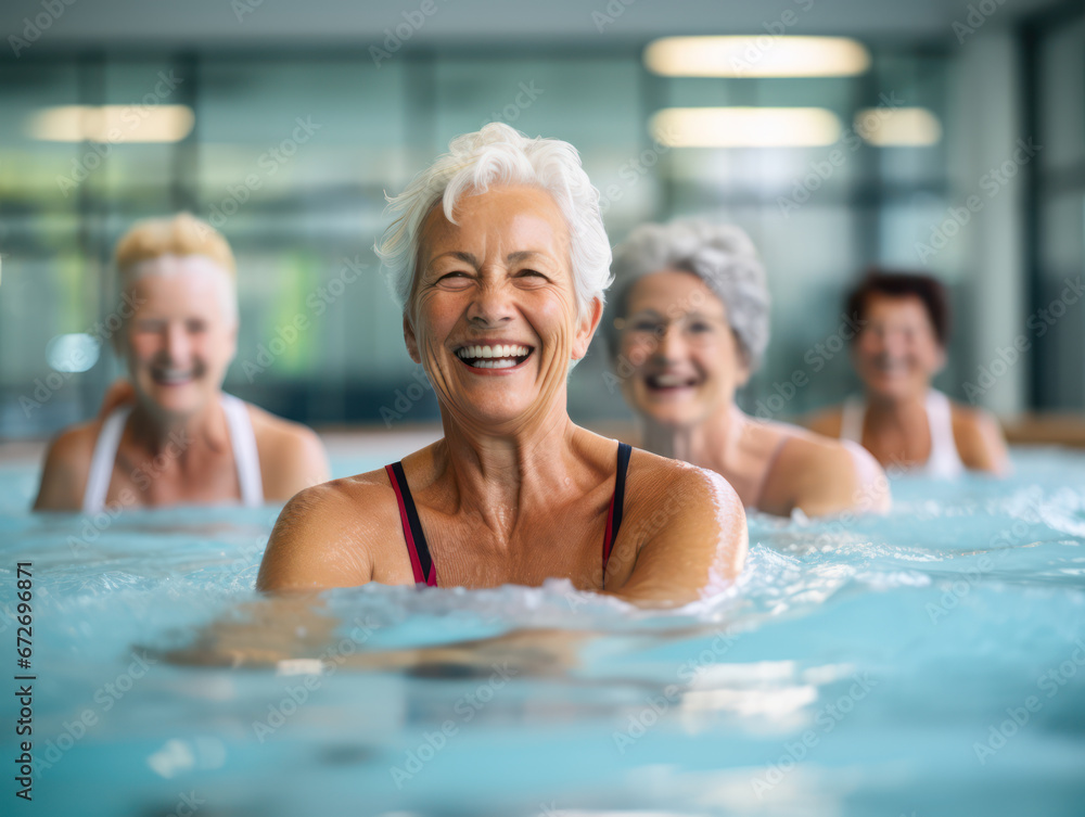 Fototapeta premium Happy elderly woman in swimming pool smiling and having fun