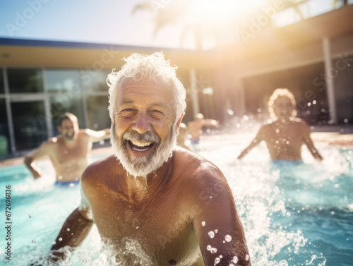 Happy elderly man in swimming pool smiling and having fun