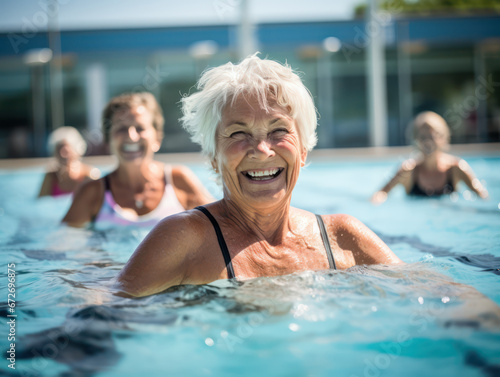 Happy elderly woman in swimming pool smiling and having fun