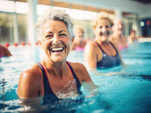 Happy elderly woman in swimming pool smiling and having fun © Kedek Creative