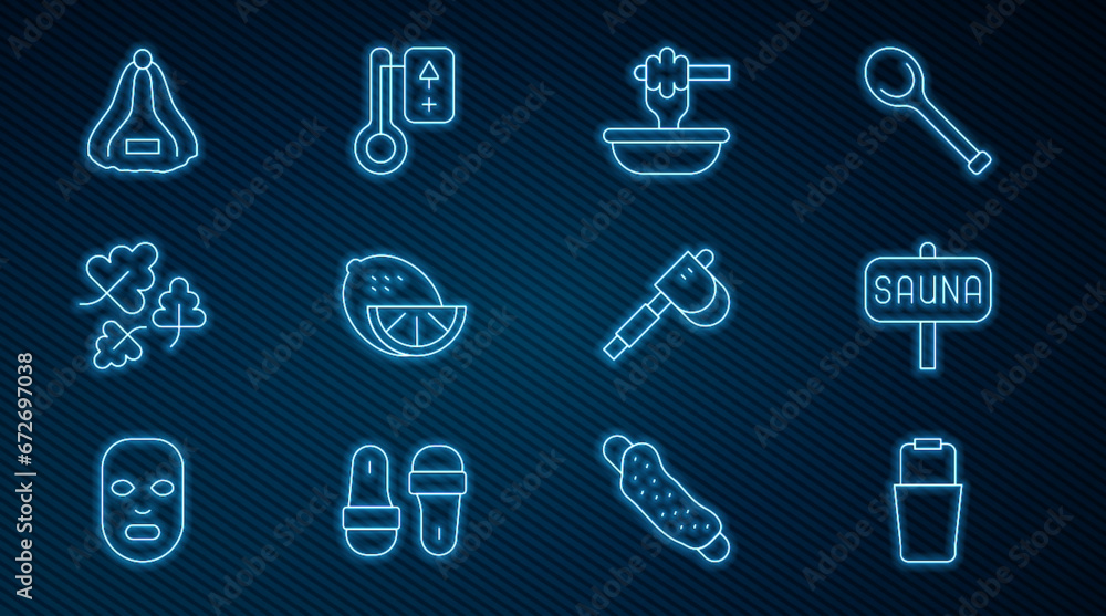 Set line Sauna bucket, Honey dipper stick with bowl, Lemon, Oak leaf, hat, Wooden axe and thermometer icon. Vector Set line Sauna bucket, Honey dipper stick with bowl, Lemon, Oak leaf, hat, Wooden axe and thermometer icon. Vector