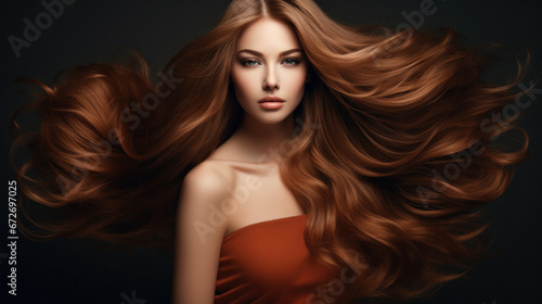 Beauty redhead girl with long and shiny wavy red hair . Beautiful woman model with curly hairstyle .