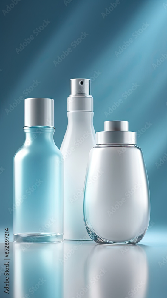 set of bottles products isolated 3d rendering on blue background. set of bottles products isolated 3d rendering on blue background.