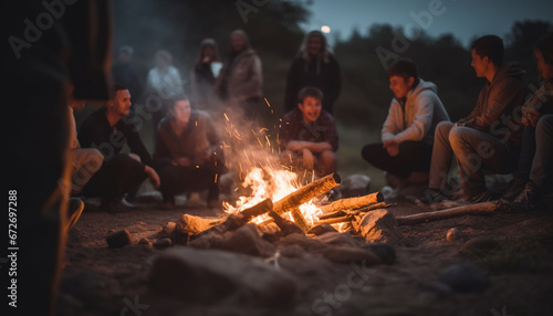 A group of friends sitting by the campfire, roasting marshmallows generated by AI