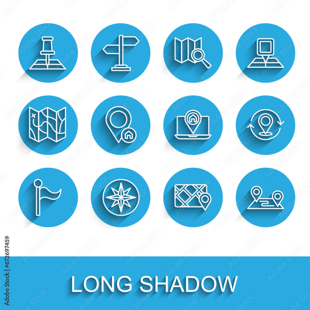 Set line Flag, Wind rose, Folded map with location marker, Gps device, Route, Location house, Map pin and City navigation icon. Vector Set line Flag, Wind rose, Folded map with location marker, Gps device, Route, Location house, Map pin and City navigation icon. Vector