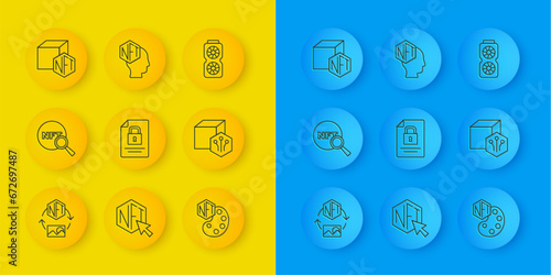 Set line NFT Digital crypto art, Search, Document and lock, Video graphic card and icon. Vector
