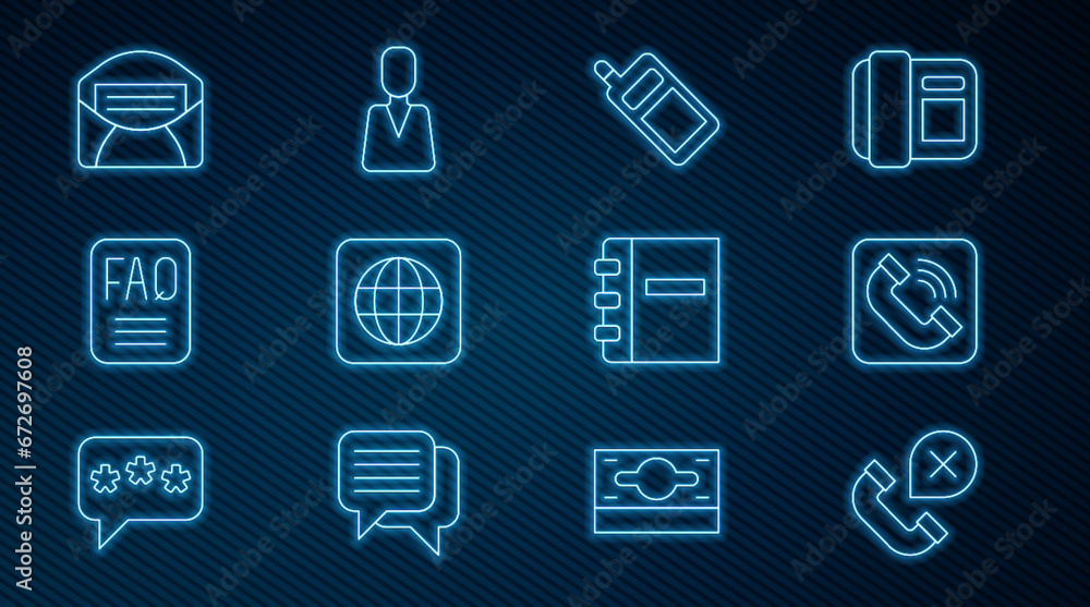 Set line Declined or missed phone call, Telephone handset, Mobile, Worldwide, FAQ information, Mail e-mail, Notebook and Employee icon. Vector Set line Declined or missed phone call, Telephone handset, Mobile, Worldwide, FAQ information, Mail e-mail, Notebook and Employee icon. Vector