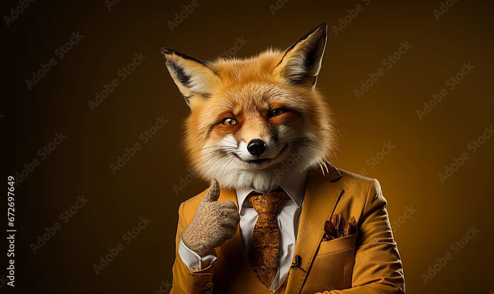 Fototapeta premium un renard bien habillé fait un signe de pousse en l'air - anthropomorphe