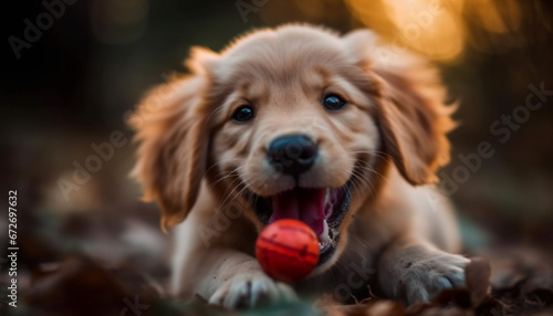 A cute puppy playing with a ball in the grass generated by AI