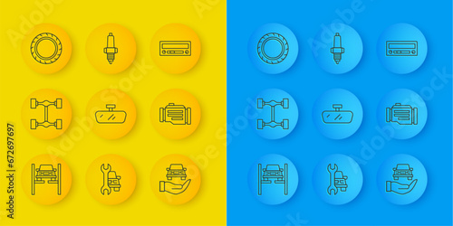 Set line Repair car on lift, Chassis, Car mirror, Auto service check automotive, Check engine, tire wheel, audio and spark plug icon. Vector