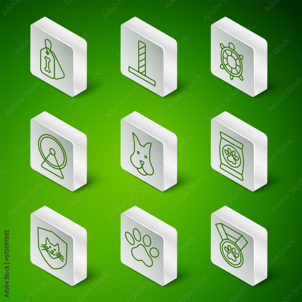 Set line Pet award symbol, Paw print, Dog collar with bone, Hamster wheel, Cat scratching post toy, Animal health insurance and Bag of food for pet icon. Vector Set line Pet award symbol, Paw print, Dog collar with bone, Hamster wheel, Cat scratching post toy, Animal health insurance and Bag of food for pet icon. Vector