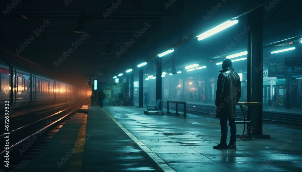 One person waiting on subway platform, blurred motion, city life generated by AI One person waiting on subway platform, blurred motion, city life generated by AI