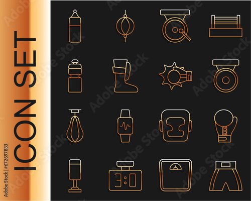 Set line Boxing short, glove, gong, Sport boxing shoes, Fitness shaker, Punching bag and icon. Vector