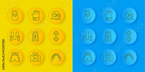 Set line Boxing short, Jump rope, Energy drink, Mouth guard boxer, Dumbbell, Weight, glove and MMA icon. Vector