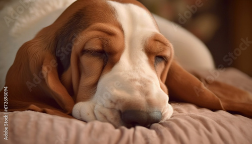 Cute purebred beagle puppy sleeping comfortably on pampered pet bed generated by AI