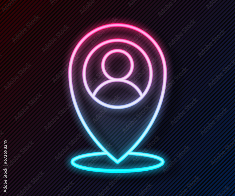 Glowing neon line Map marker with a silhouette of a person icon isolated on black background. GPS location symbol. Vector Glowing neon line Map marker with a silhouette of a person icon isolated on black background. GPS location symbol. Vector