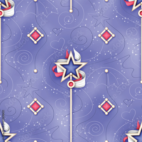 Endless Aesthetic Texture with Cute Magical Star Wands. Decorative Design for Prints, Fabrics, Wallpapers etc. Trendy Kids Print. Fantasy Seamless Pattern. Vector 3d Illustration (ID: 672698431)