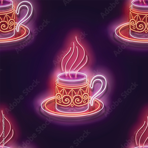 Seamless pattern with glow Metal Cup of Turkish Coffee with Steam. Cafe Label, Traditional Drink. Neon Light Texture, Signboard. Glossy Background. Vector 3d Illustration (ID: 672698475)