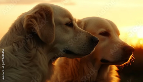Golden retriever puppy plays with Labrador in cheerful summer sunset generated by AI