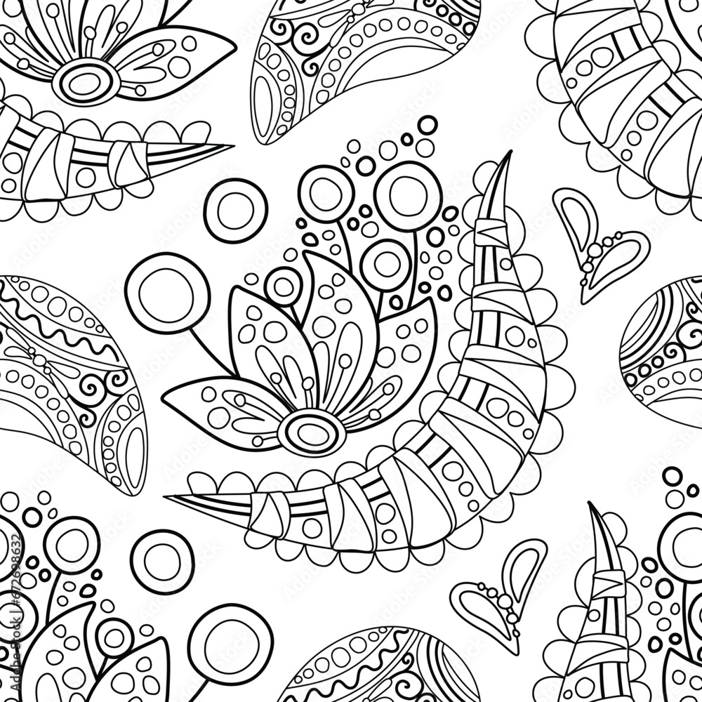 Folkloric Seamless Pattern with Paisley Flower, Nature Inspired Design Element. Ornate Abstract Pattern. Endless Texture for Fabric, Wallpaper etc. Vector Illustration Coloring Book Page