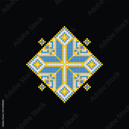 Realistic Cross-Stitch Embroideried Ornate Element. Ethnic Motif, Handmade Stylization. Traditional Ukrainian Yellow and Blue Embroidery. Ethnic Single Design Element. Vector 3d Illustration (ID: 672698602)