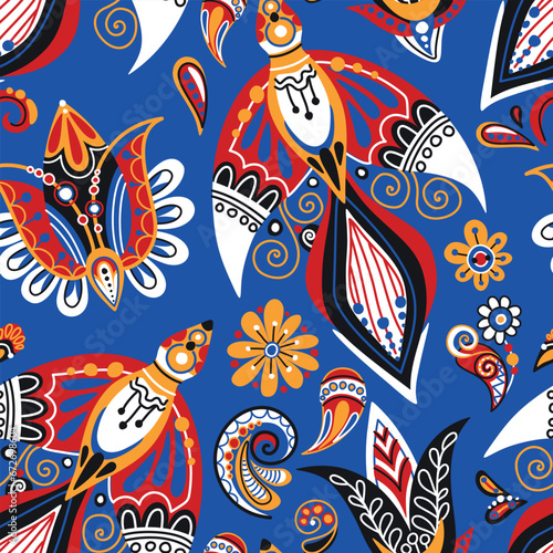 Folkloric Seamless Pattern with Folkloric Bird, Nature Inspired Design Element. Firebirds, Flowers and Indian Cucumbers. Endless Texture for Fabric, Wallpaper etc. Vector Illustration