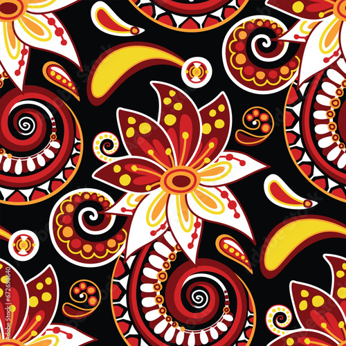 Folkloric Seamless Pattern with Paisley Flower, Nature Inspired Design Element. Ornate Abstract Pattern. Endless Texture for Fabric, Wallpaper etc. Vector Illustration (ID: 672698640)