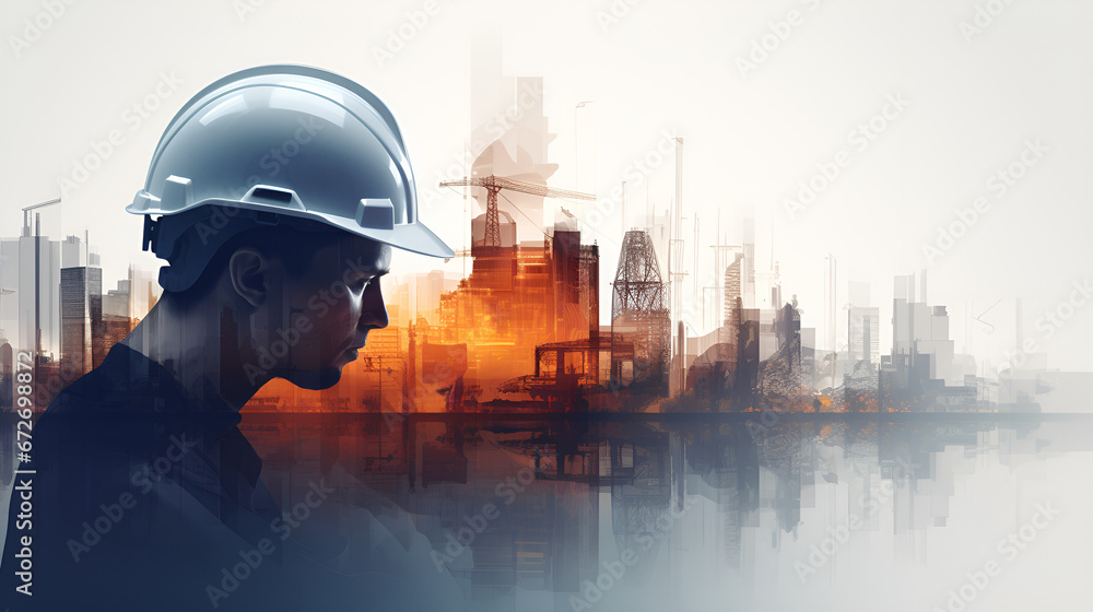 Future Building Project Devotion: Engineers and Construction Workers with Double Exposure Design