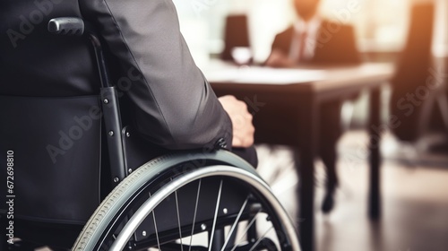 Disabled businessman in a wheelchair at work in office, having meeting with colleague