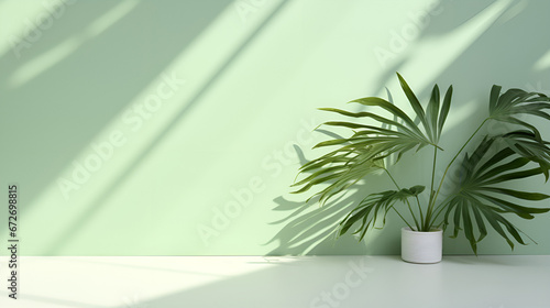 Tranquil Tropical Minimalism: Palm Leaf Shadow on Pastel Green Wall with Copy Space