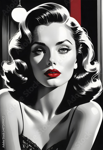 film noir style, moochrome ink sketch portrait of a beautiful woman with red lips. generative ai photo